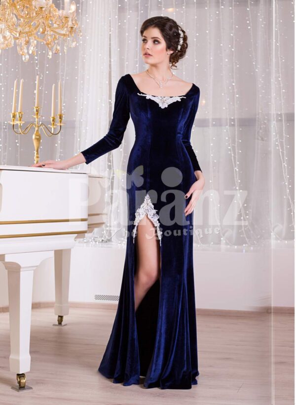 Women’s navy velvet floor length evening gown with elegant white lace works