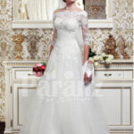 Women’s off-shoulder elegant lacy bodice wedding gown with flared tulle skirt in white