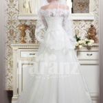 Women’s off-shoulder elegant lacy bodice wedding gown with flared tulle skirt in white back side view