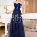 Women’s off-shoulder evening gown with glitz sequin bodice and long tulle skirt