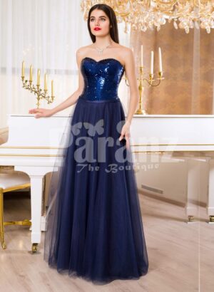 Women’s off-shoulder evening gown with glitz sequin bodice and long tulle skirt