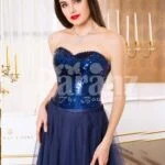 Women’s off-shoulder evening gown with glitz sequin bodice and long tulle skirt in Navy