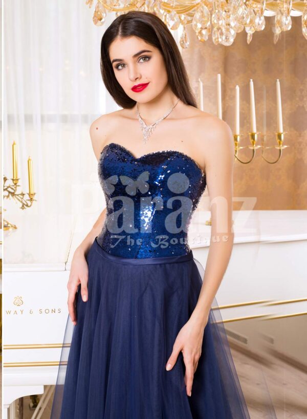 Women’s off-shoulder evening gown with glitz sequin bodice and long tulle skirt in Navy