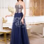 Women’s off-shoulder evening gown with glitz sequin bodice & long tulle skirt in Navy