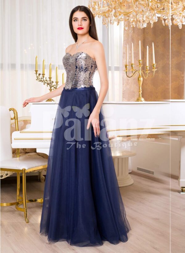 Women’s off-shoulder evening gown with glitz sequin bodice & long tulle skirt in Navy