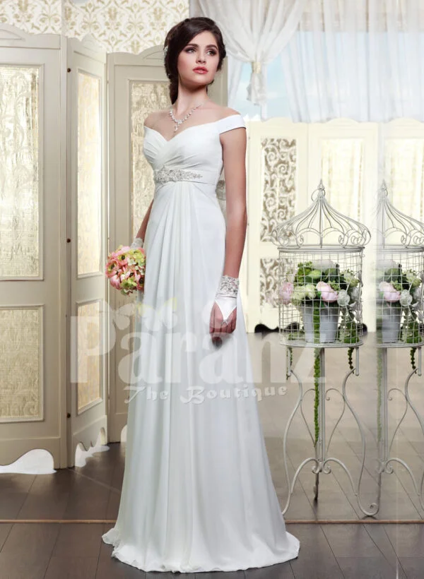 Women’s off-shoulder rich satin glossy white floor length wedding gown