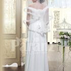 Women’s off-shoulder rich satin glossy white floor length wedding gown back side view