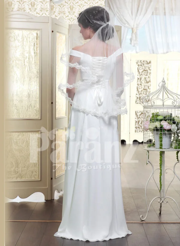 Women’s off-shoulder rich satin glossy white floor length wedding gown back side view