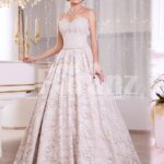 Women’s off-shoulder soft and rich satin floor length gown with all over white lace works