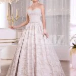 Women’s off-shoulder soft and rich satin floor length gown with all over white lace works