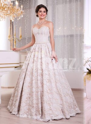 Women’s off-shoulder soft and rich satin floor length gown with all over white lace works