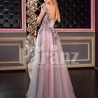Women’s off-shoulder style rich satin-tulle side slit evening gown in pink-purple side view