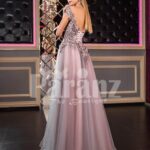 Women’s off-shoulder style rich satin-tulle side slit evening gown in pink-purple side view