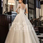 Women’s off-shoulder super lacy pearl white tulle wedding gown back side view
