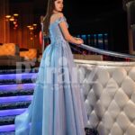 Women’s off-shoulder super stylish fairy princess style flared tulle skirt evening gown back side view