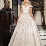 Women’s off-shoulder super stylish rich satin flared wedding gown with tulle skirt underneath