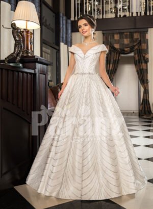 Women’s off-shoulder super stylish rich satin flared wedding gown with tulle skirt underneath