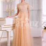 Women’s peachy orange short sleeve evening gown with long and soft tulle skirt