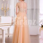 Women’s peachy orange short sleeve evening gown with long and soft tulle skirt back side view