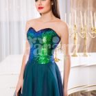 Women’s peacock green off-shoulder sequin bodice evening gown with tulle skirt