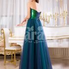 Women’s peacock green off-shoulder sequin bodice evening gown with tulle skirt back side view