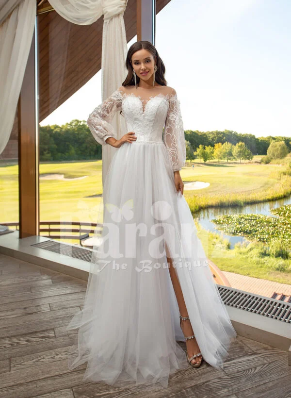 Women’s pearl white elegant side slit tulle skirt wedding gown with royal bodice