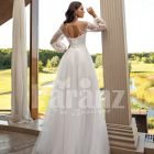 Women’s pearl white elegant side slit tulle skirt wedding gown with royal bodice back side view