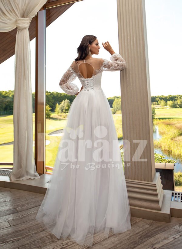 Women’s pearl white elegant side slit tulle skirt wedding gown with royal bodice back side view
