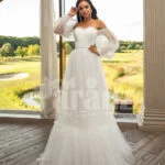 Women’s pearl white off-shoulder glam tulle frill wedding gown