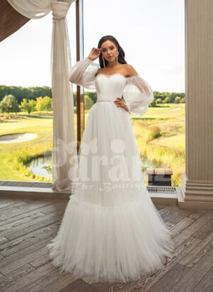 Women’s pearl white off-shoulder glam tulle frill wedding gown