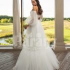 Women’s pearl white off-shoulder glam tulle frill wedding gown back side view