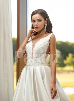 Women’s pearl white rich satin flared skirt wedding gown with tulle skirt underneath cloase view