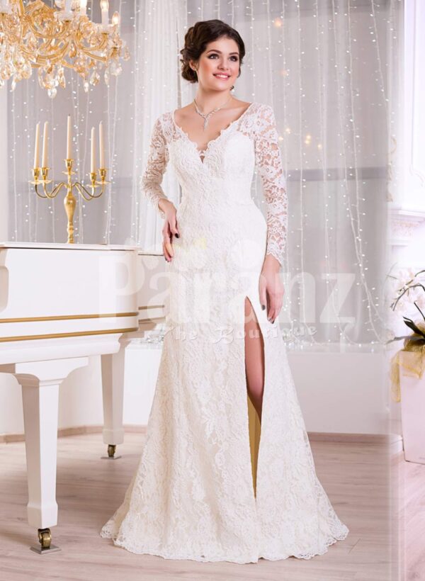 Women’s pearl white rich satin side slit evening gown with full sheer-lace sleeves