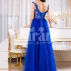 Women’s pleasing royal blue sleeveless evening gown with long tulle skirt back side view