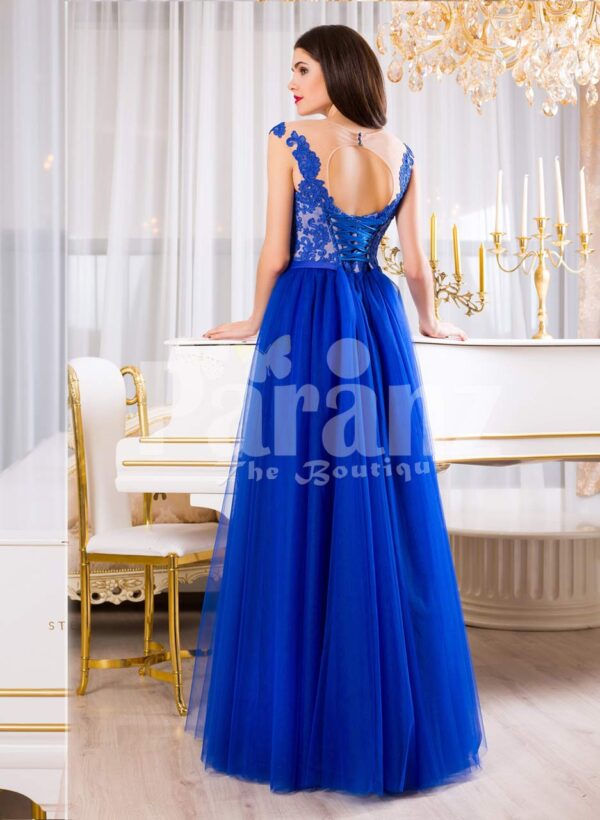 Women’s pleasing royal blue sleeveless evening gown with long tulle skirt back side view