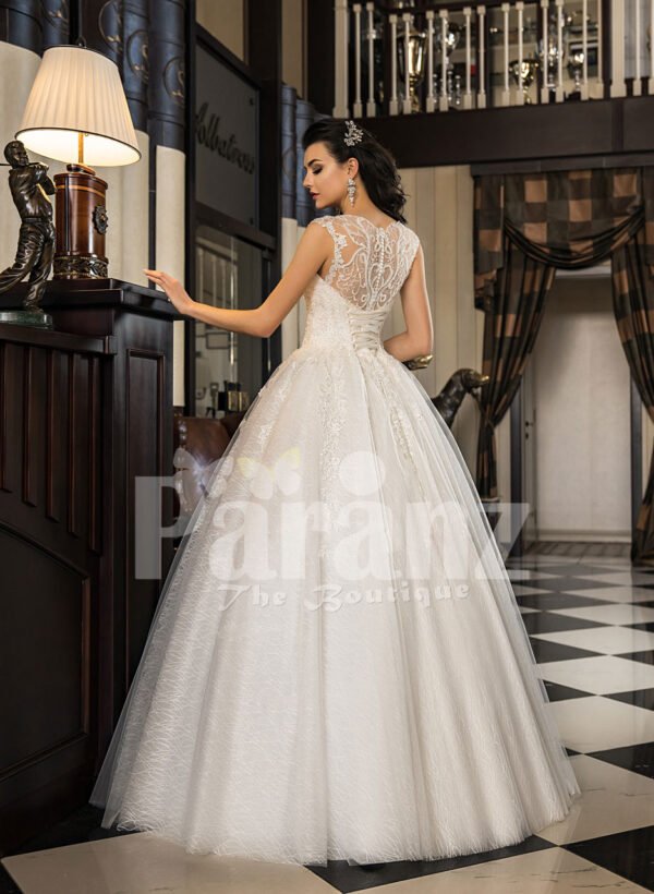 Women’s pretty princess high volume tulle wedding gown in white back side view