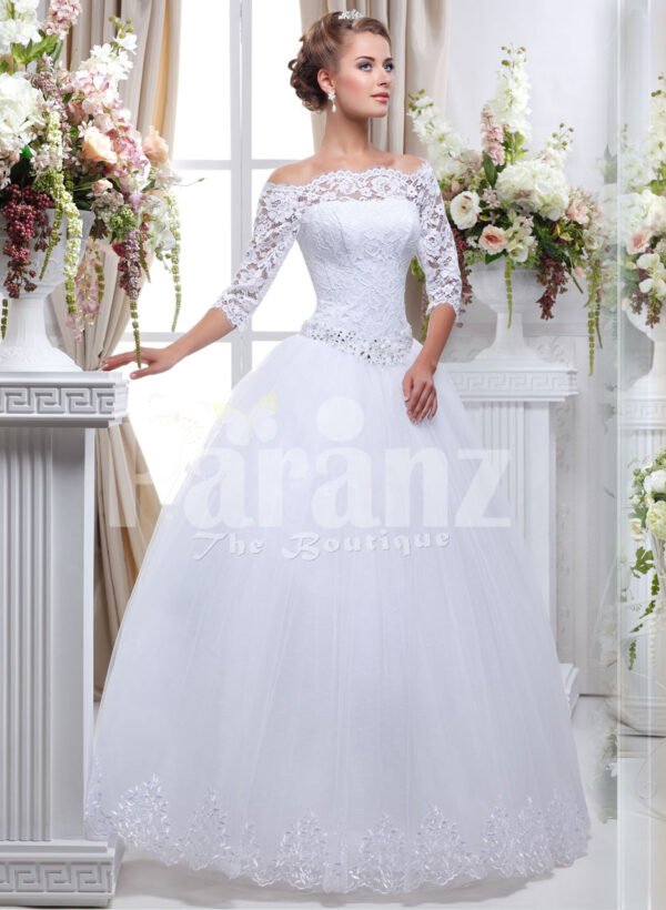 Women’s pretty princess style lacy full sleeve wedding gown with flared tulle skirt