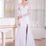 Women’s pure white floor-length side slit rich satin gown with all over royal lacework