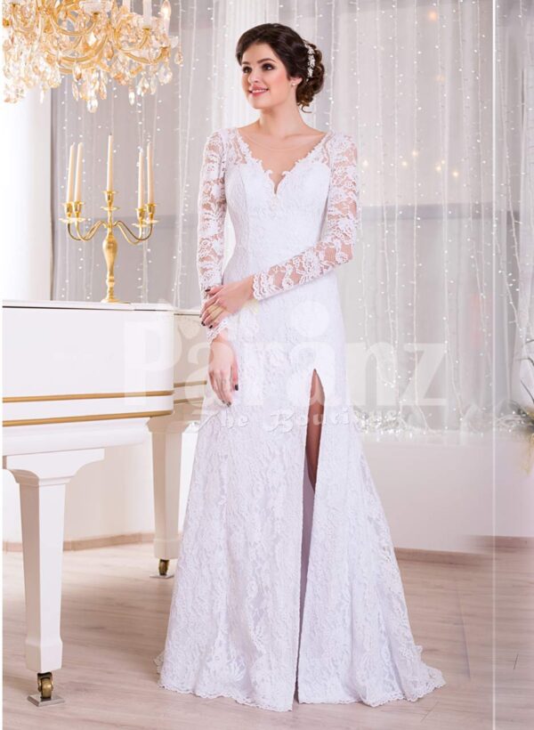 Women’s pure white floor-length side slit rich satin gown with all over royal lacework