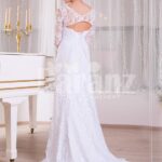 Women’s pure white floor-length side slit rich satin gown with all over royal lacework back side view