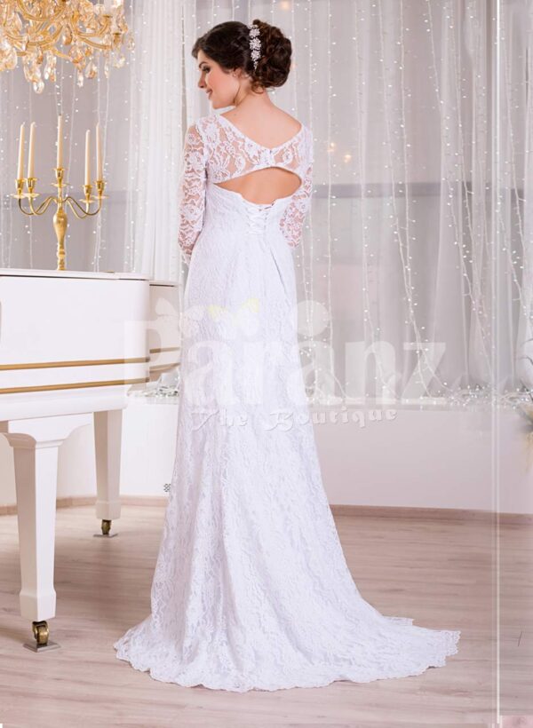 Women’s pure white floor-length side slit rich satin gown with all over royal lacework back side view
