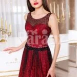 Women’s red and black floor length rich satin evening gown with breathable lining