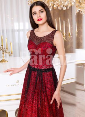 Women’s red and black floor length rich satin evening gown with breathable lining