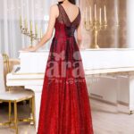 Women’s red and black floor length rich satin evening gown with breathable lining back side view