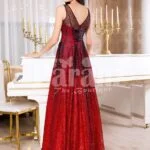 Women’s red and black floor length rich satin evening gown with breathable lining back side view