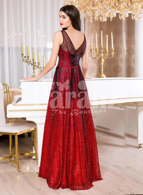 Women’s red and black floor length rich satin evening gown with breathable lining back side view