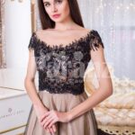 Women’s rich black lace royal bodice evening gown with soft and sleek tulle skirt