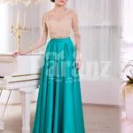 Women’s rich rhinestone work royal bodice elegant gown with metallic mint satin skirt