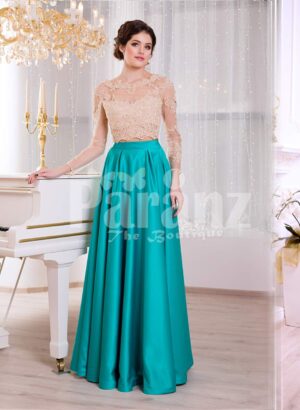 Women’s rich rhinestone work royal bodice elegant gown with metallic mint satin skirt