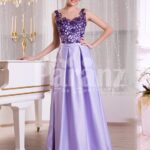 Women’s rich satin evening gown with long skirt and stylish satin-sheer bodice